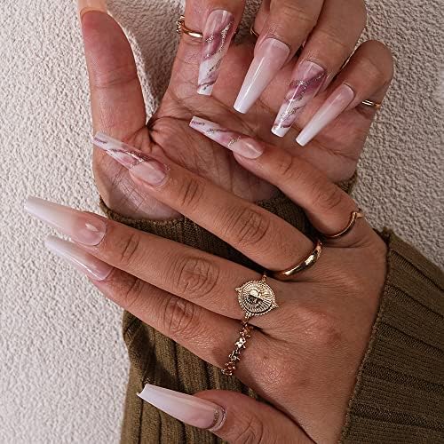 Xerling 24pcs Pressione em Gold Glitter Nails Gradiente Fake Coffin Nails Ballerina Nails Dicas de capa completa unhas falsas