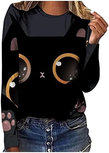 Tampas impressas de gato para mulheres mangas compridas camisetas camisetas leves leves leves de pullover casual camisetas
