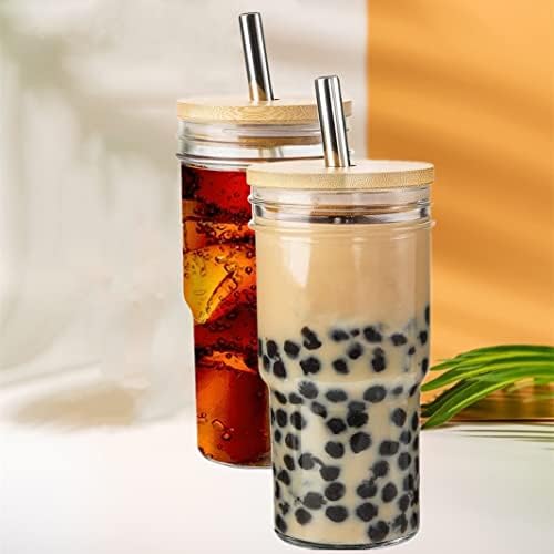 Xícaras de vidro com tampas e palhas de bambu, 4 pacote de 4 pacote de 22 onças de copo de copo de boca larga copo de copo de copo gelado