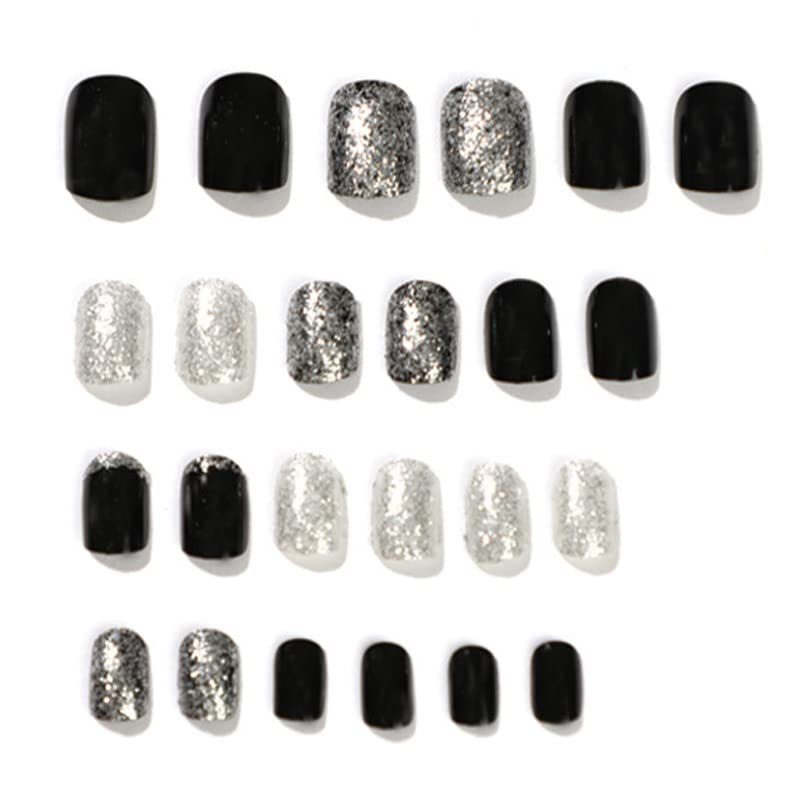 Pressione quadrado em unhas unhas falsas curtas pregos falsos pretos com desenhos de brilho cola de squoval em unhas unhas de acrílico brilhante cinza preto silve tampa completa bastão de unhas decorações de arte para mulheres meninas