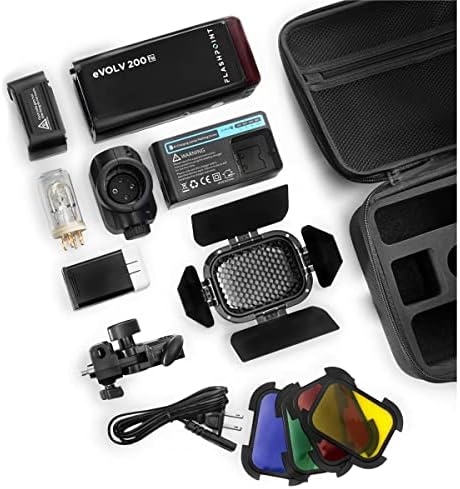 Flashpoint EVOLV 200 TTL Pocket Flash Dual Kit com adaptador duplo, kit de valor de Barndoor com a cabeça EXT e a cabeça do flash redonda e o kit de acessórios AK-R1