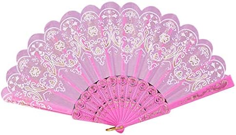 ICODod Fashion Fan Fan Chinês/Espanhol Fã de Bonzamento de Festas de Bronzing de Dança da Dança Laca Fã de Flor Hold Fan Spun Bamboo Hand Hold Autes para Cosplay Home Office Wall Pink