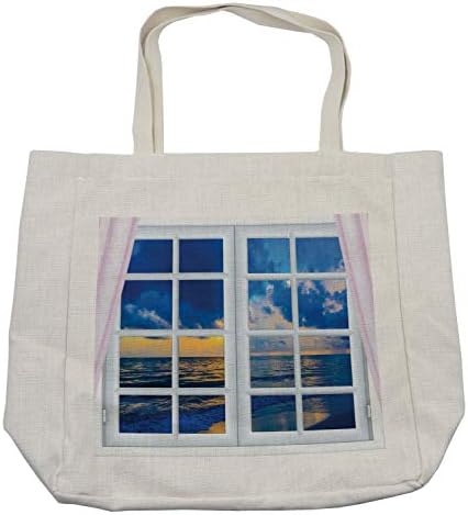 Bolsa de compras de Ambesonne Landscape, pôr do sol no cenário do mar da janela com cortinas abertas Horizon Silence Relaxing, bolsa reutilizável ecológica para a praia de mantimentos e mais, 15,5 x 14,5, creme