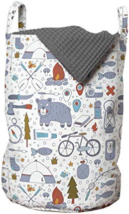 Bolsa de lavanderia de acampamento lunarável, barraca de urso de desenho animado e bússola ao ar livre Hobby tem temas doodle, cesto de cesto com alças fechamento de cordas para lavanderias, 13 x 19, Vermilion bluegrey