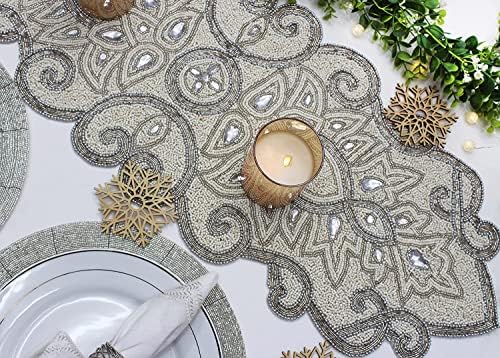 Cotton Craft mila roll scroll artesanal com miçangas de mesa - Halloween colheita outono outono férias de ação de graças de Natal Celebração de Natal Festive Festive Party Tabletop Décor Tablerunner - 16x54 Ivory & Silver