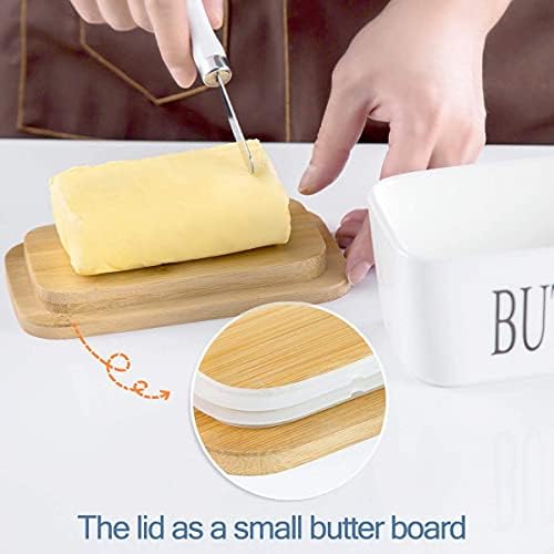 Infância prato de manteiga grande - prato de manteiga de cerâmica com tampa e faca, recipiente de manteiga selações de silicone duplo, bom presente de cozinha
