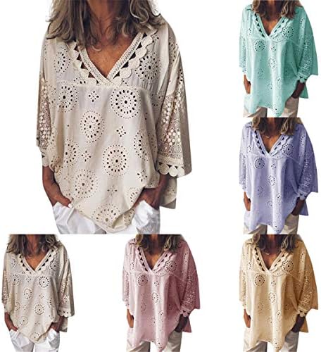 Andongnywell Blusa feminina Lace Up Up Smocked Waist Casual Top Camisetas V Neck 3/4 Sleeve Hollow Out Shirt