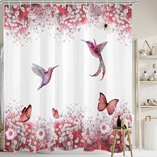 LB Flores brancas de cortina de chuveiro de pássaro floral com manteiga rosa quente e beija -flor de cortina de chuveiro conjunto