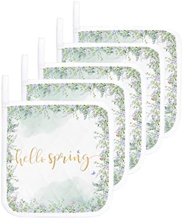 Hello Spring Pot Diters 5 pack, almofadas quentes para cozinha com loop suspenso, roxo mola de primavera verde floral portador de panela de panela quente Potholders laváveis ​​para cozinhar para cozinhar 8,25 x8.25