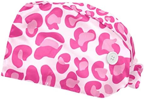 Capas de trabalho respiráveis ​​com botão Ajustável Back Band Band Hat Cap Medical 2 Peças, Leopard Pink