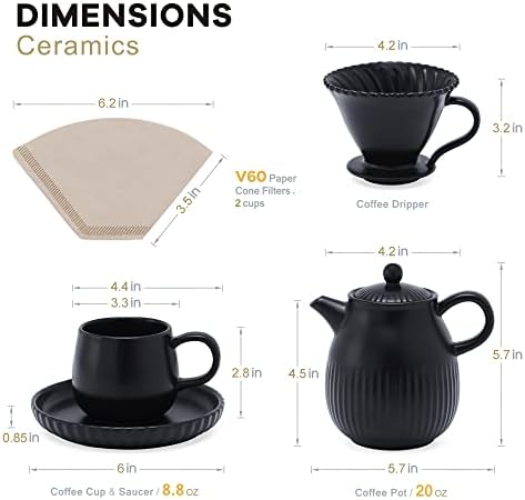 Conjunto de café de cervejamento lento de D'Oramie Slow Ger Over Coffee Dripper Coffee Mandywarming Presente de fabricante manual Easy Brew Strong Savor Brewer Conjunto - V60 Filtros de cone de papel - Matt preto, 1-2 xícaras