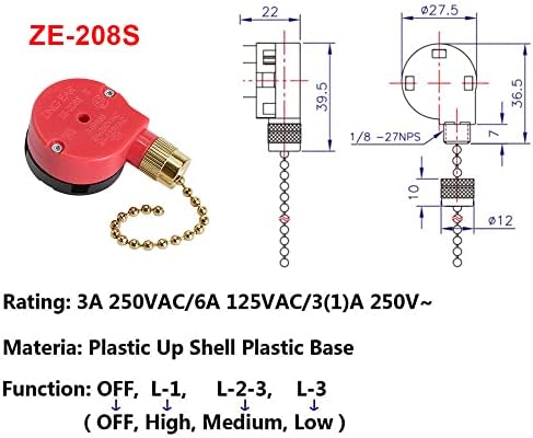 Zing Ear Ze-208s Pull Chain Switch, interruptor de controle de 3 velocidade compatível com ventiladores de teto de