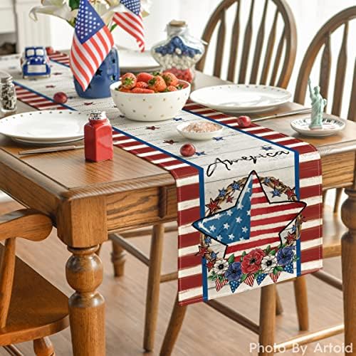 Modo Artóide Patriótico Buffalo Plaid Pappy Daisy Table Runner, 4 de julho Memorial Day Holiday Kitchen Dining Table Decor para