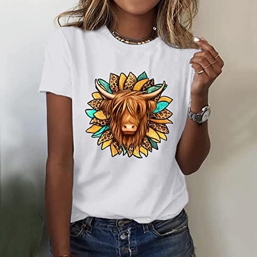 Camiseta de vaca feminina camisetas de animais de verão camisetas de manga curta Crewneck tops de verão camisas casuais de túnica básica
