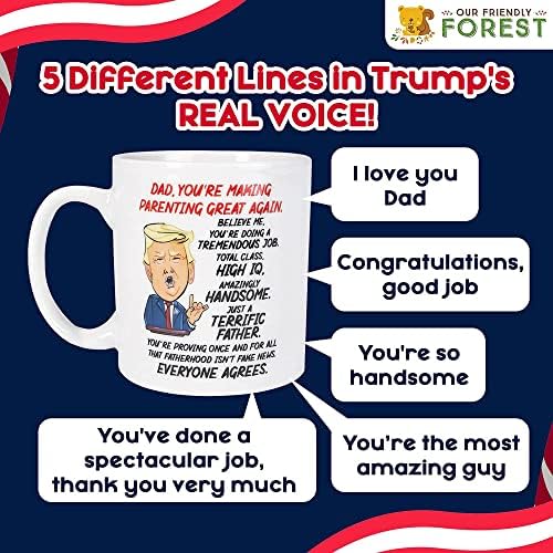 Nosso amigável pacote de florestas 2 conversando sobre Trump Figura e Trump caneca para papai - estátua diz 17 linhas de áudio diferentes na própria voz de Trump - a caneca diz 5 linhas em Donald Real Voice - Funny e Stocking Stuffer