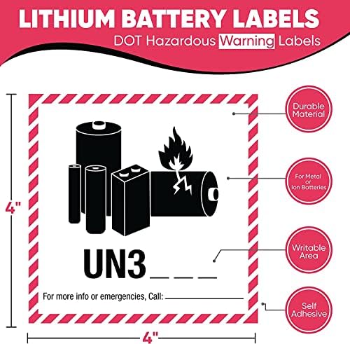 KoVot - 500 rótulos - 4 x4 - UN3480, UN3481, UN3090, UN3091, Ion ou bateria de metal de lítio - rótulos de aviso perigosos em um rolo d.o.t. Adesivos adesivos | Espaço em branco para escrever