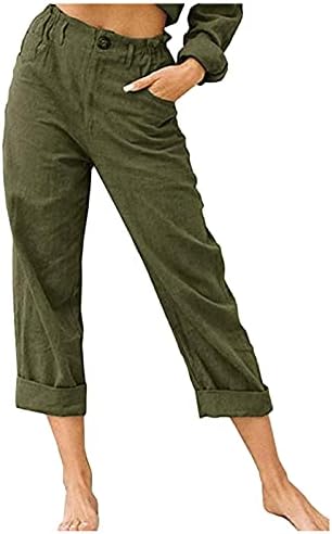 Calças Capri Casual de verão para mulheres linho de cintura elástica sólida com cintura com bolsos cortados de algodão solto