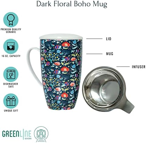 Greenline Goods Boho Decor Canecas - Caneca de café floral moderna/xícara de chá - o conjunto inclui: 1 caneca boho, 1 tampa, 1 infusor