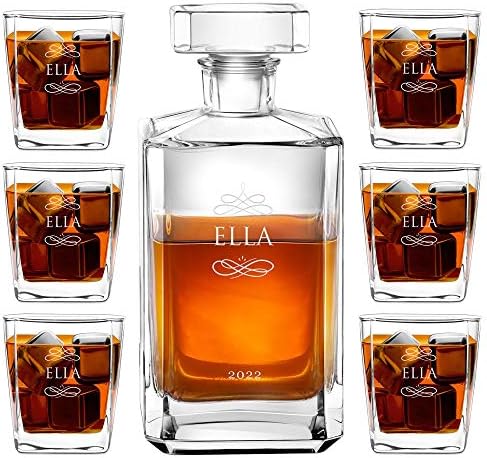 MAVERTON Whisky Set com 6 óculos para mulheres - copos personalizados - 23 fl oz. Universal Carafe - para aniversário - para