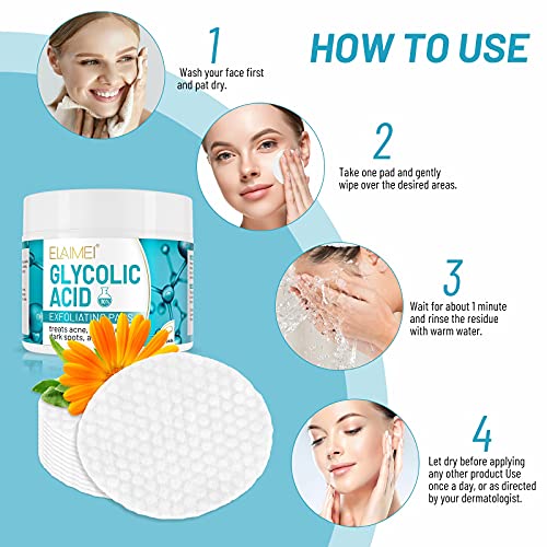 Almofadas de ácido glicólico 30% para o corpo do rosto, esfoliação de casca de ácido glicólico e limpeza hidratante Redução de casca facial, manchas escuras, almofadas de acne, removedor de cravo, redução de rugas e linhas finas, almofadas de limpeza glicólica, 50 contagem