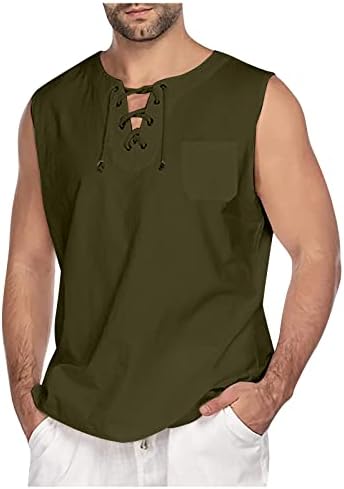Tanque de linho masculino wenkomg1 tanque de tanque básico sem mangas de camiseta leve Button Up T-Shirt regular