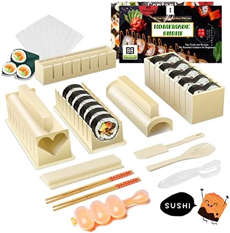 Tantivybo 16 em 1 Sushi Making Kit Deluxe Edition, fabricante de sushi conjunto com 8 formas Sushi Rice Mold & Temaki Roller, Ferramenta de Sushi Diy Easy Home para Iniciantes, Instruções Manuel incluídas