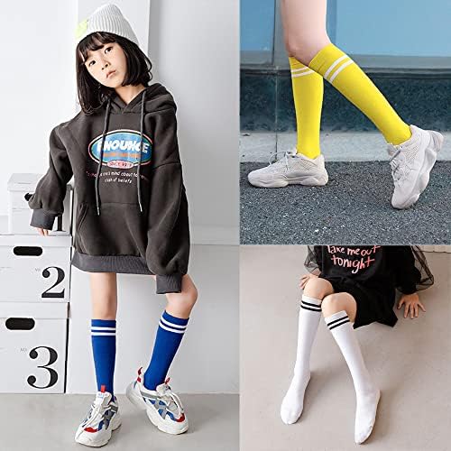 Heccei Kids Soccer Socks, 1 par de meias de joelho de até meias listradas para esportes coletivos atléticos para meninas de meninas de 5 a 10 anos