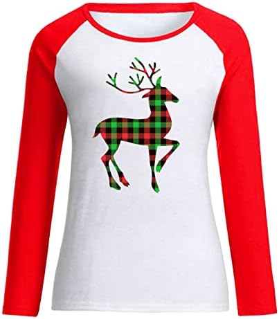 Impressão de Natal feminino Manga longa Manga raglan colorblock tshirt top womens outono camisetas modernas