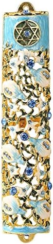 Matashi 3,5 MEZUZAH PINTADO DE MAÇA COM ROLO - Embelezado com Ivy and Flowers Design 24K Bated Gold e Blue Crystals