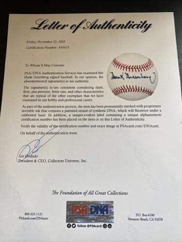 BONITO HANK GREENBERG Single assinou a Liga Americana de Baseball PSA DNA - beisebol autografado