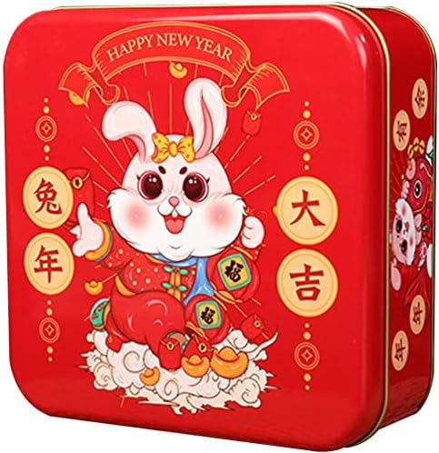 Aboofan chinês ano novo biscoito latas quadradas zodíaco coelho placa de lata Caixas de doces caixas de tratamento caixas de biscoitos caixas de metal para 2023 festival de primavera
