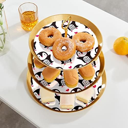 Suporte de bolo, suporte de cupcake, sobremesa de tabela de tabela de tabela, pinguins sem costura Love Hearts Pattern