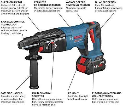 Bosch GBH18V-26DK26GDE 18V EC sem escova SDS-PLUS BULLDOG 1 IN. Kit de martelo rotativo com extrator de poeira móvel e