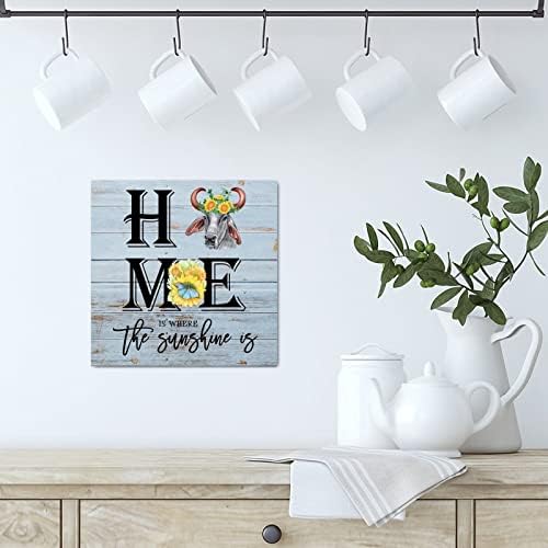 Evans1nism Wood Sign Home é onde o sol é a placa de madeira girassol girassol decorativo de parede de parede de parede ouvido ouvido placa de parede rústica para a sala de estar decoração de quarto da cozinha 8x8in