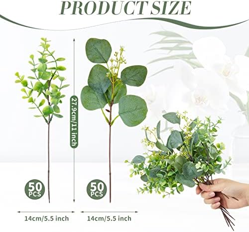 100 PCs Faux Eucalyptus hastes com sementes brancas eucalipto artificial folhas de vegetação eucalipto decoração de