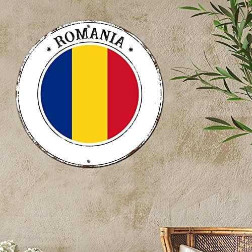 Romênia Flag National Sinais de grinaldas de metal sinais de estilo de alumínio de alumínio signo redondo de lata de parede de parede de penduramento decoração ferrugem de qualidade livre de qualidade climático Romênia para fazenda varanda de quintal 12x12in