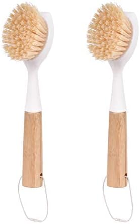Escova de prato u/d com alça de bambu, escova de limpeza para limpeza de panelas de prato, lavadora de pratos para pia