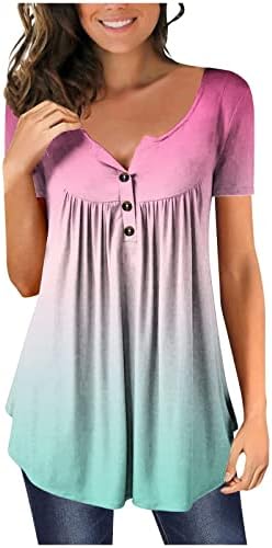 Camiseta de manga curta impressa gradiente para botões para mulheres para o pescoço vil de túnica de túnica fluida de pescoço