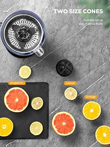 Espremedor de citros elétricos aiheal, espremedor de laranjas com alça de borracha e cones de dois tamanhos, suco de motor silencioso de 160w para laranja, limão e toranja