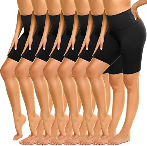 Zoosixx 7 Pacote de shorts de moto de cintura alta para mulheres, treino de ioga macio de 8 ”shorts atléticos negros