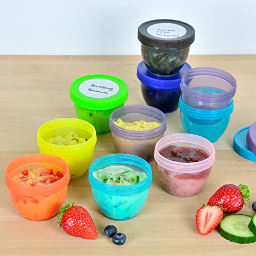 Youngever 18 pacote 1/2 xícara de pequenos recipientes de alimentos com tampas, recipientes de armazenamento de alimentos mini mini, condimentos e recipientes de molho, 9 cores variadas, com tampas
