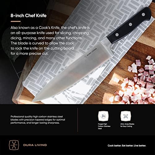 Conjunto de faca do chef de Dura Living, conjunto de faca de talheres de 4 peças, chef de aço inoxidável de alto carbono forjado superior, chef de 8 polegadas, santoku de 7 polegadas, utilidade de 5 polegadas, facas de paring de 3,5 polegadas, preto