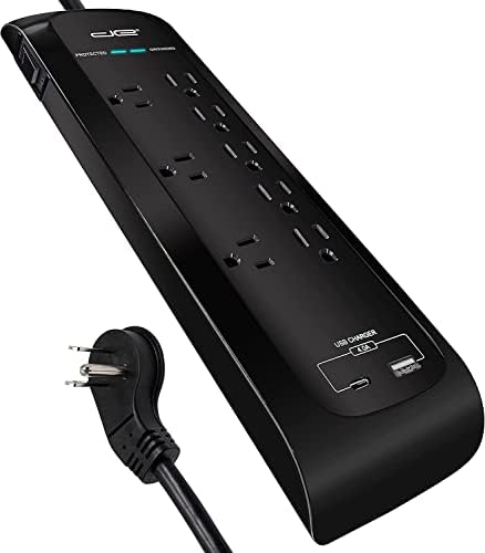 Energia digital USB-C e USB-A 8 Centro 8 de saída 4200 Joules Surge Protector Power Strip, 3 pontos de venda com espaçamento largo, 6 pés 14/3 AWG Cord, Black