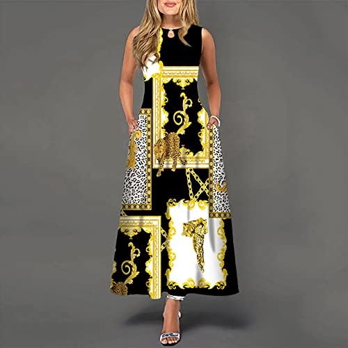 Vestidos de iaqnaocc maxi para mulheres, vestidos maxi de pescoço redondos com estampa de vestido maxi com bolso