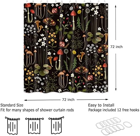 Cortina de chuveiro de cogumelos retrô emwnodti para banheiro, plantas de flores de florestas de fadas em cortinas