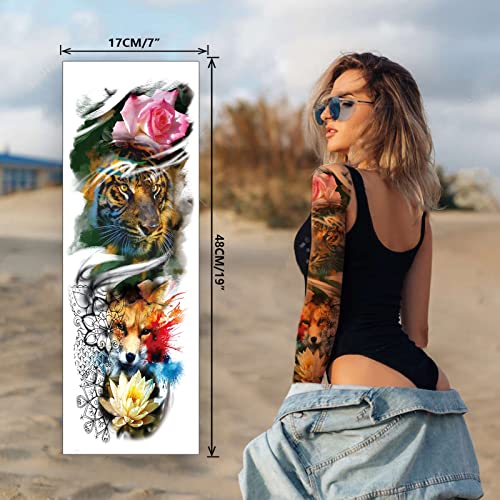 Tatuagem temporária, raposa com flores com flores de tatuagem de tatuagem falsa sexy e sexy tatuagem impermeável extra grande, tatuagens realistas do braço completo para mulheres adultas homens adolescentes teens tatuagem falsa que parece arte de moda preta real