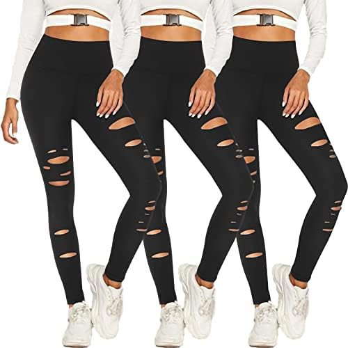 New Young 3 3 Pack Ripped Leggings para mulheres de alta cintura Controle de controle de ioga Treino de corte de recorte Leggings