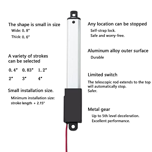 JQDML Mini Micro Linear Atuador Metal Gear 12V, AVC de 4 polegadas, força de empurrar 42,2 lbs, velocidade 0,2 /s, peso: