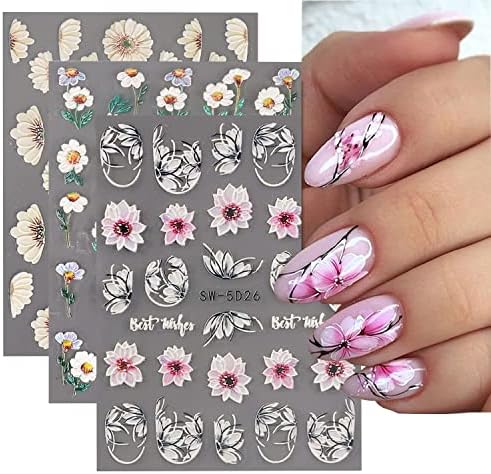 Pregos de flores em 5D, adesivos de unhas, 3heets da primavera Decalques de unhas da ponta francesa, Acessórios