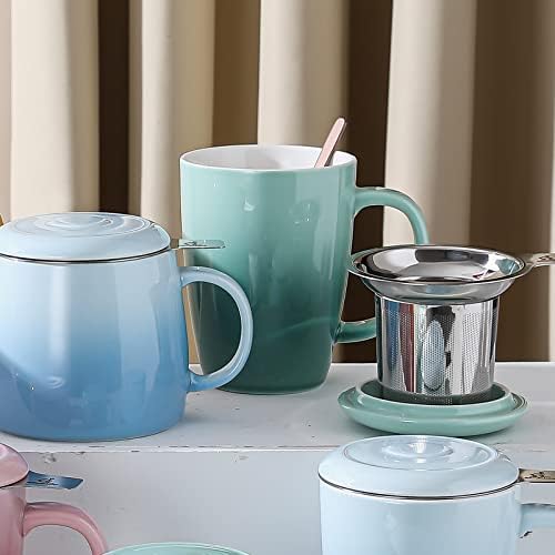 Candiicap Ceramics Cup com infusor de folhas soltas, colher e tampa, 15 onças, caneca de infusor de chá grande para chá, café, leite-microwave